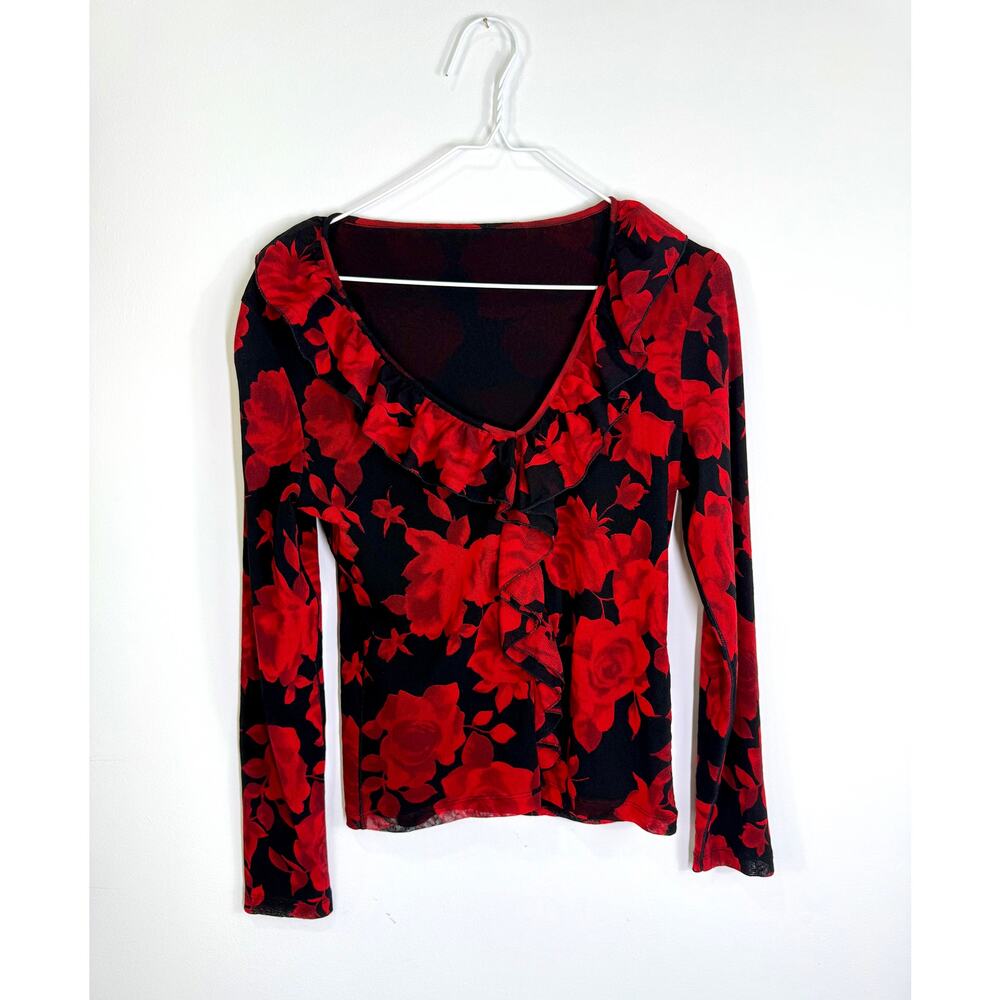 Vintage red floral line mesh women's top size M